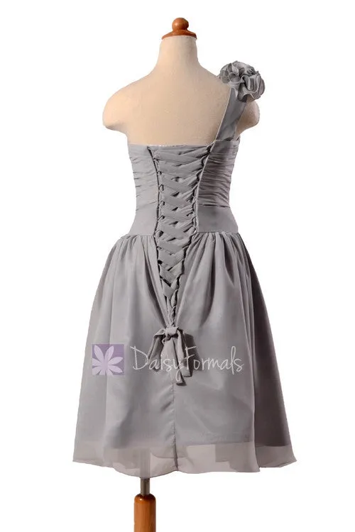 Gray Chiffon Flower Girl Dress Short One Shoulder Flower Girl Dress(FL223)