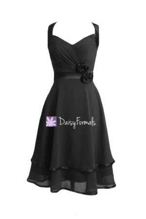 Halter Black Party Dress Full A Line Short Black Bridesmaids Dresses (BM5281)