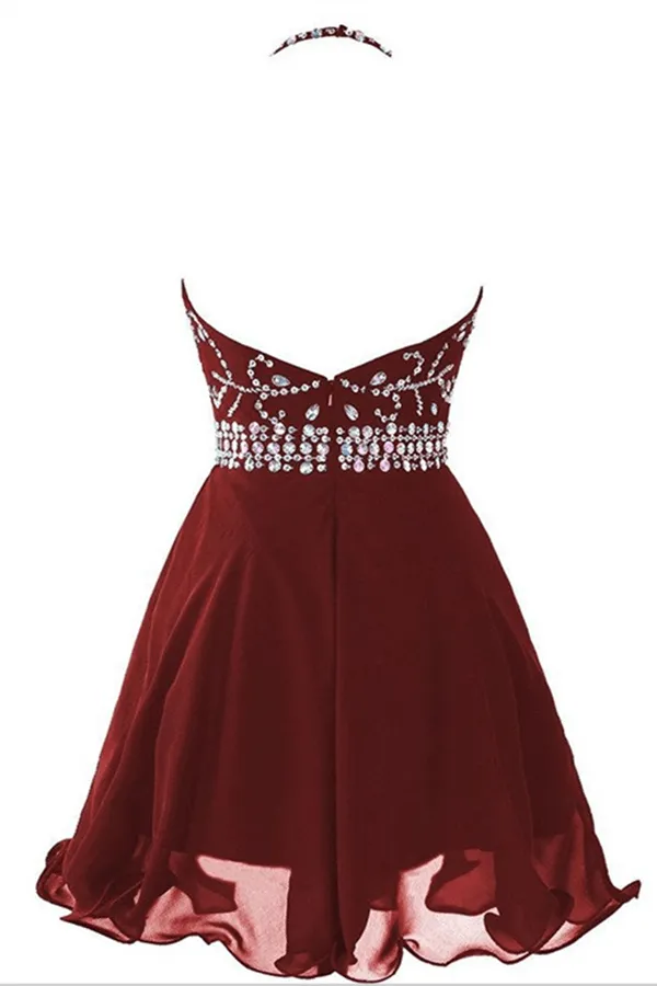 Halter Short Backless Chiffon Brown Homecoming Dress With Beading TP0006