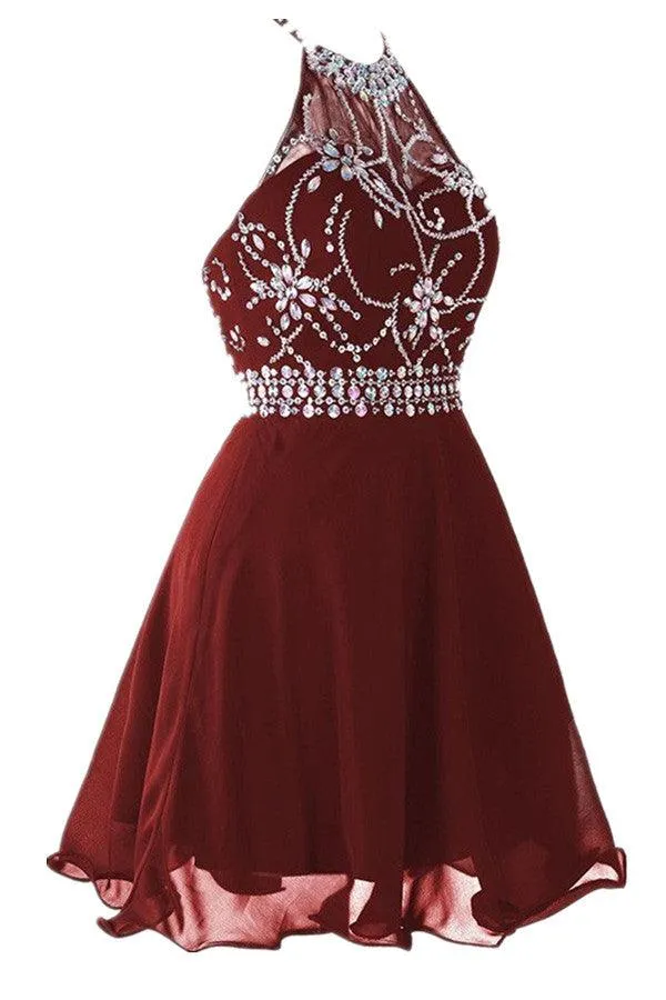 Halter Short Backless Chiffon Brown Homecoming Dress With Beading TP0006