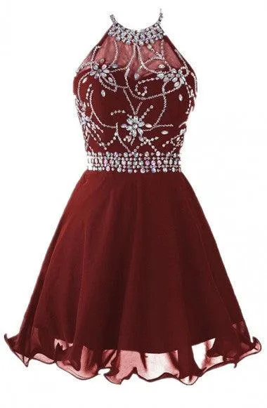 Halter Short Backless Chiffon Brown Homecoming Dress With Beading TP0006