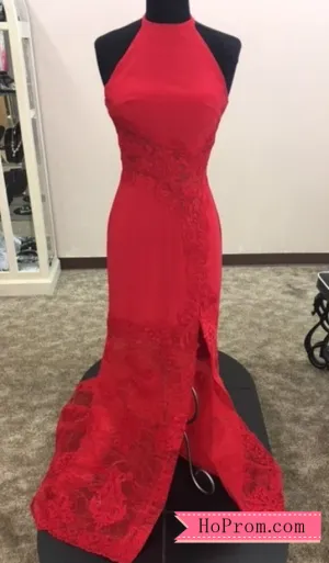 High Halter Neckline Open Back Fitted Bodice with Sheer Lace Embellishments