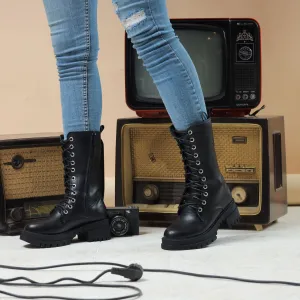High Laceup & Zipper Plain Leather Boots - Black