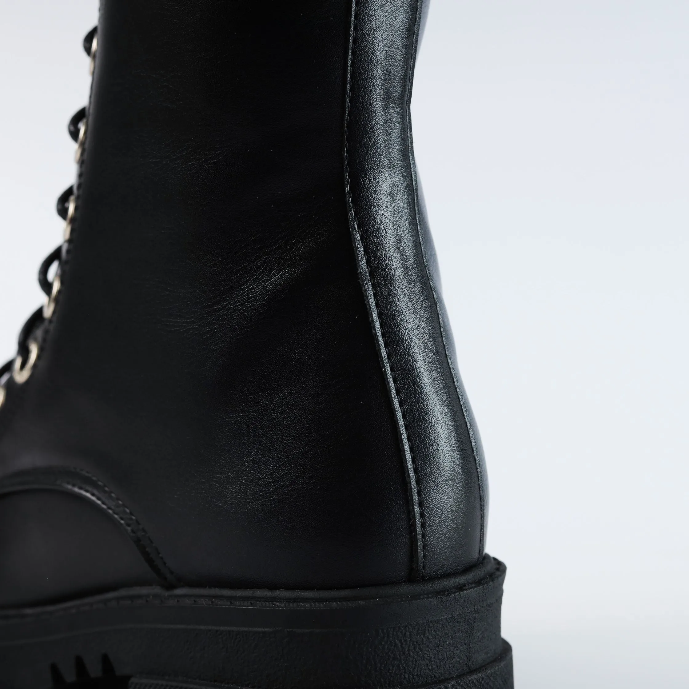 High Laceup & Zipper Plain Leather Boots - Black