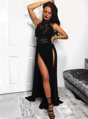 High Neck Halter Two Side Slit Lace Prom Dresses Floor Length Black Evening Dresses