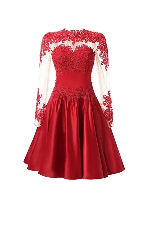 High Neck Long Sleeves With Applique Red Homecoming Dresses TR0011