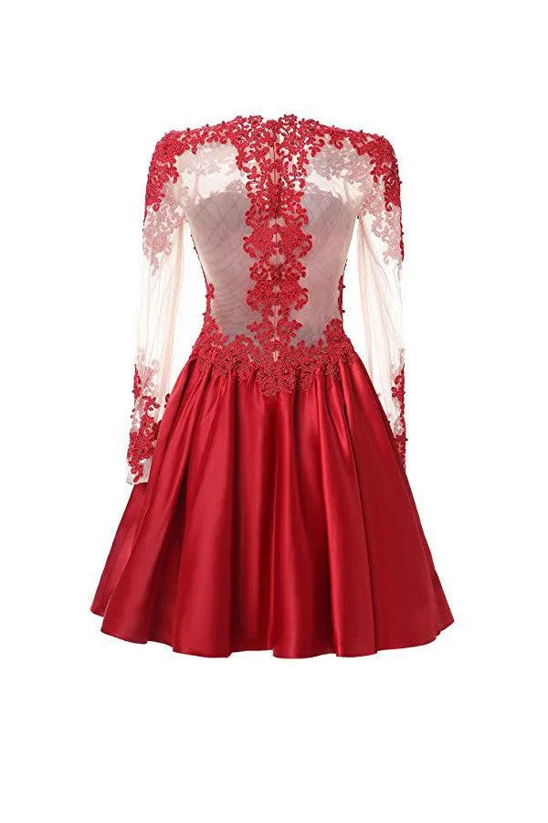 High Neck Long Sleeves With Applique Red Homecoming Dresses TR0011