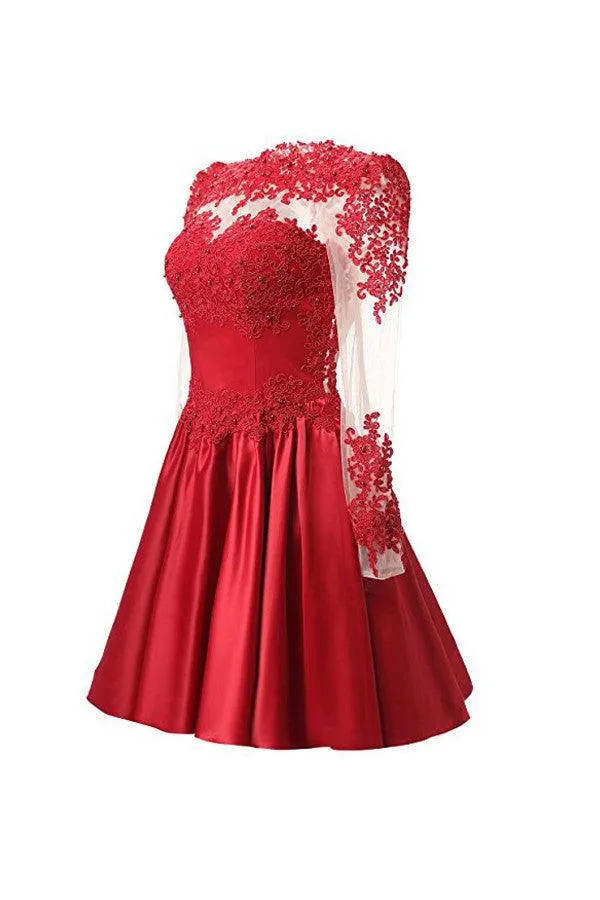 High Neck Long Sleeves With Applique Red Homecoming Dresses TR0011