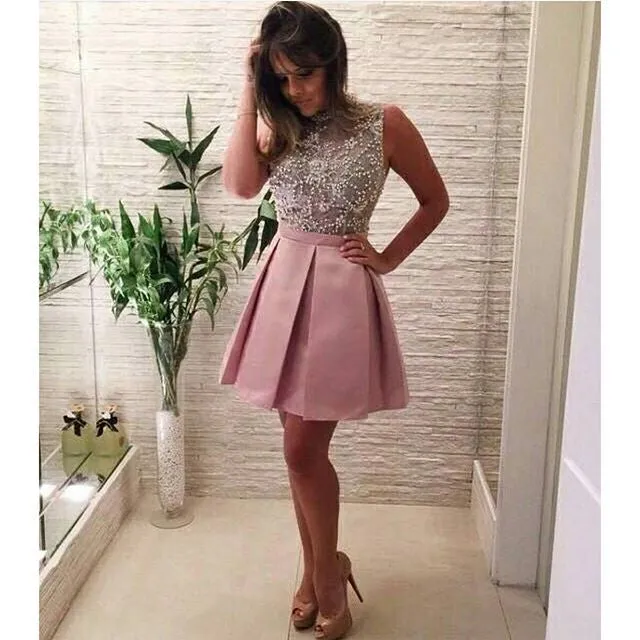 High Neck Mini Pink Beads Homecoming Dress