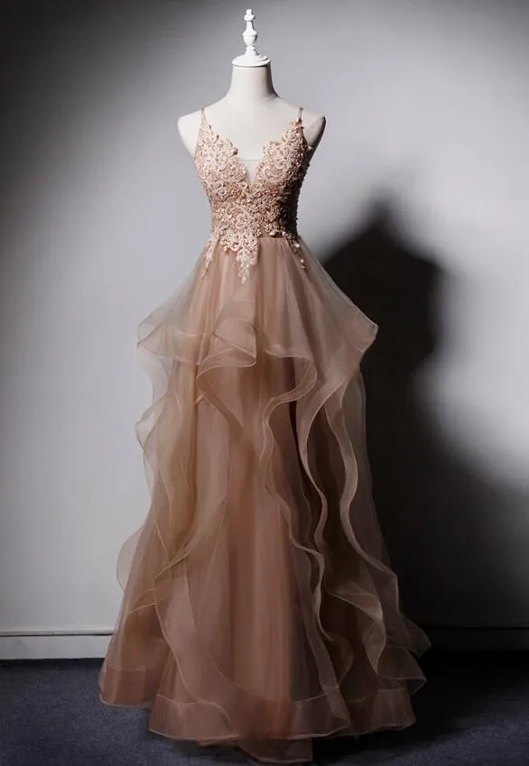 High Quality Tulle V-neclike Long Prom Dress, Lace Applique Straps Party Dress