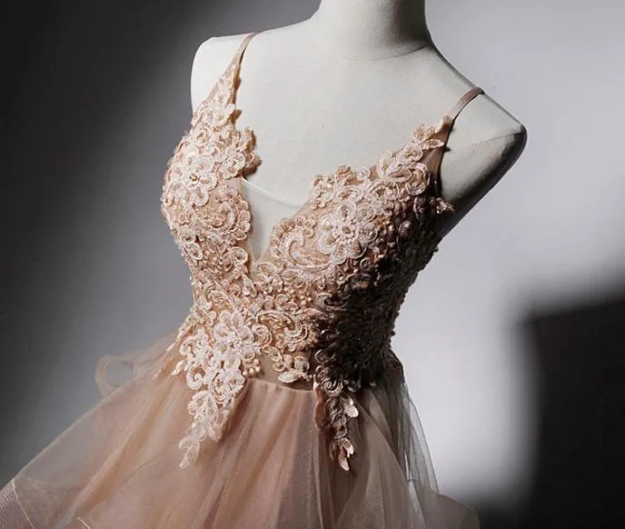 High Quality Tulle V-neclike Long Prom Dress, Lace Applique Straps Party Dress