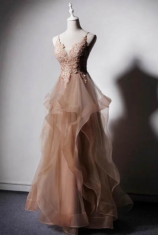 High Quality Tulle V-neclike Long Prom Dress, Lace Applique Straps Party Dress