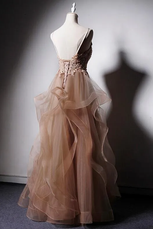 High Quality Tulle V-neclike Long Prom Dress, Lace Applique Straps Party Dress