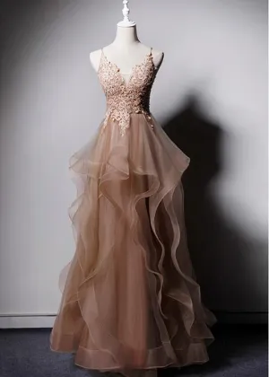 High Quality Tulle V-neclike Long Prom Dress, Lace Applique Straps Party Dress