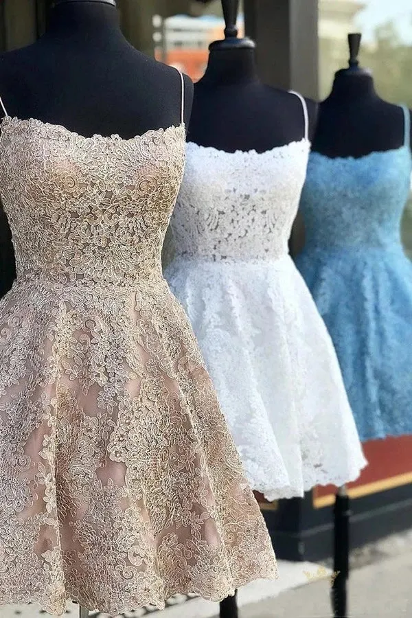 Lace Spaghetti Straps Sleeveless Homecoming Dress School Event Dress Graduation Dress OKY19