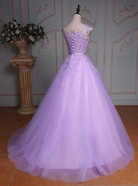 Lavender V-neck Spaghetti Straps Tulle Ball Gown Prom Dress KP4072