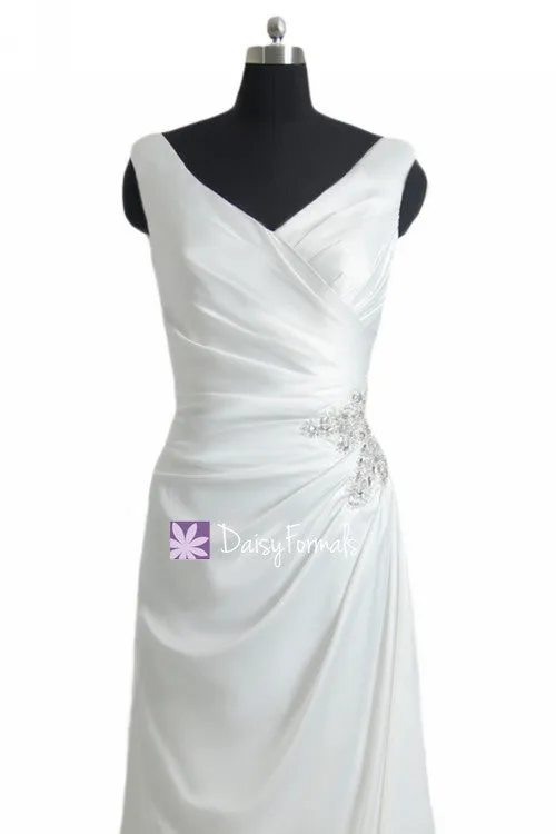 Long Ivory Wedding Dress Long Simple V neckline Bridal Dress Wedding Party Dress (WD33295)