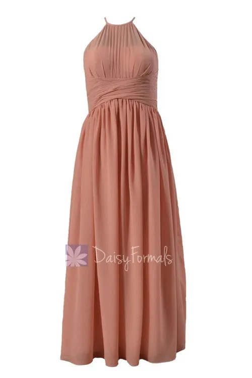 Long Pleated Evening Dress  Dark Quartz Chiffon Formal Dress W/Illusion Neckline(BM1531A)