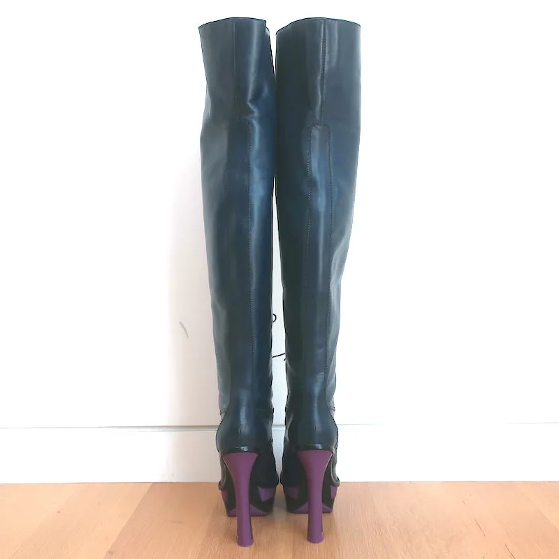 Louis Vuitton Lace-Up Thigh High Platform Boots Navy Leather Size 39
