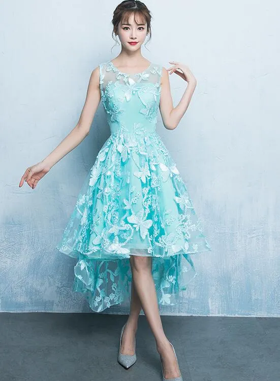 Mint Green Lace High Low Bridesmaid Dress, High Low Homecoming Dress, Short Prom Dress
