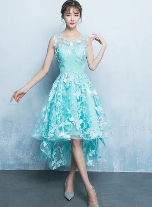 Mint Green Lace High Low Bridesmaid Dress, High Low Homecoming Dress, Short Prom Dress