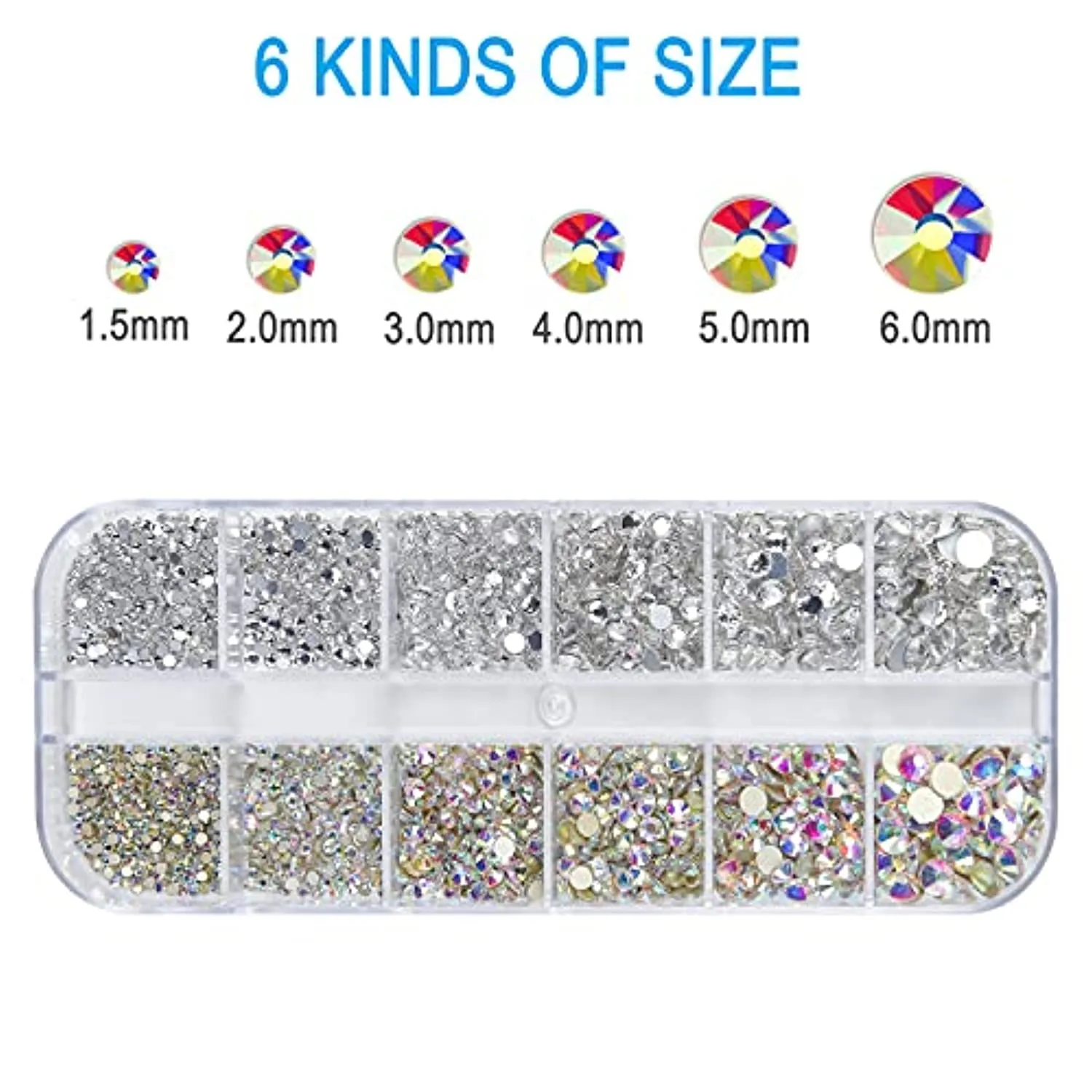 Nail Art Rhinestones Kit HUETFAT 2400pcs Nail Gems Ab Flatback Rhinestones Gems Stones, with Storage Organizer Box/Wax Pencil/Tweezers 6 Sizes (1.5-4.5 mm) for Nail Art Craft (2400pcs)