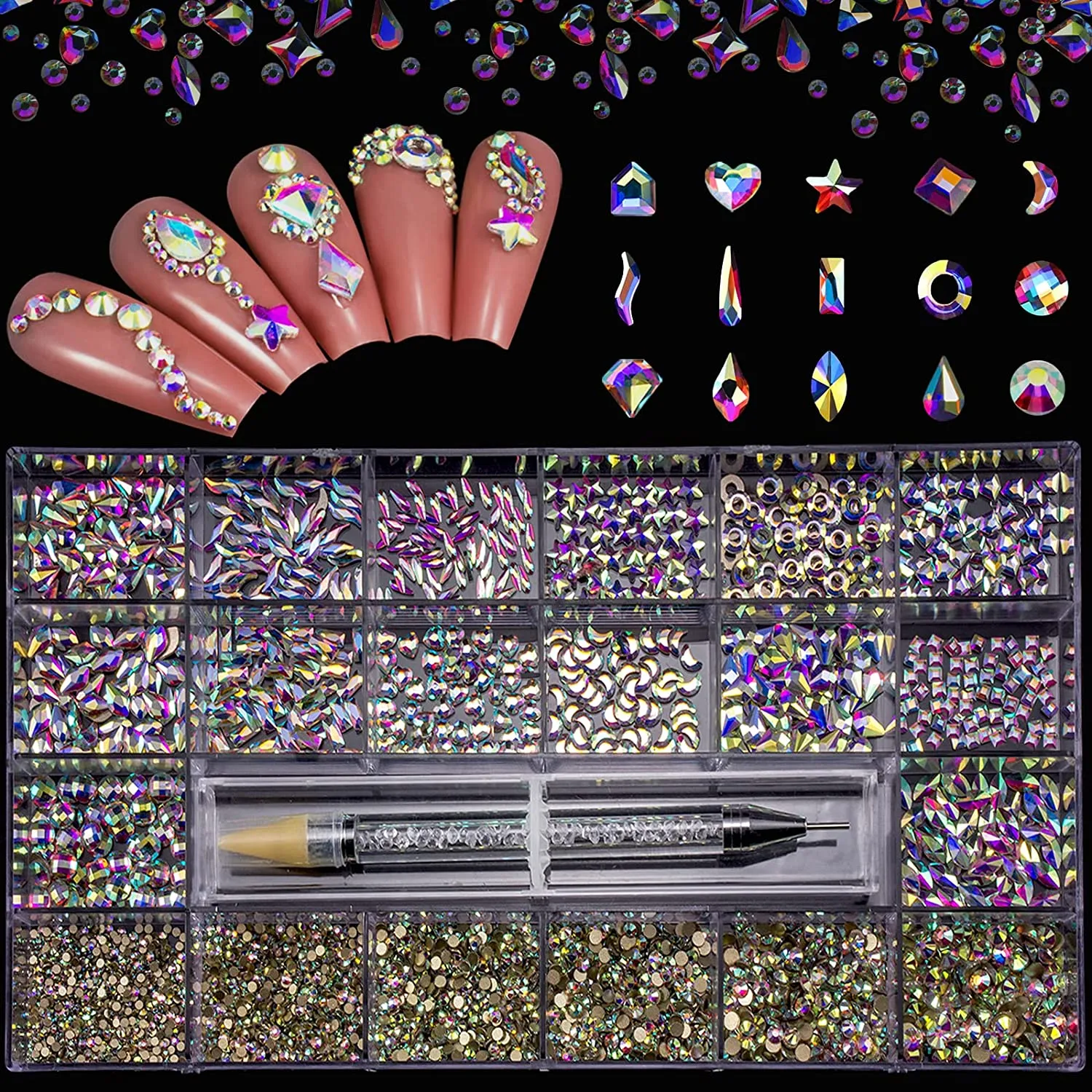 Nail Art Rhinestones Kit HUETFAT 2400pcs Nail Gems Ab Flatback Rhinestones Gems Stones, with Storage Organizer Box/Wax Pencil/Tweezers 6 Sizes (1.5-4.5 mm) for Nail Art Craft (2400pcs)