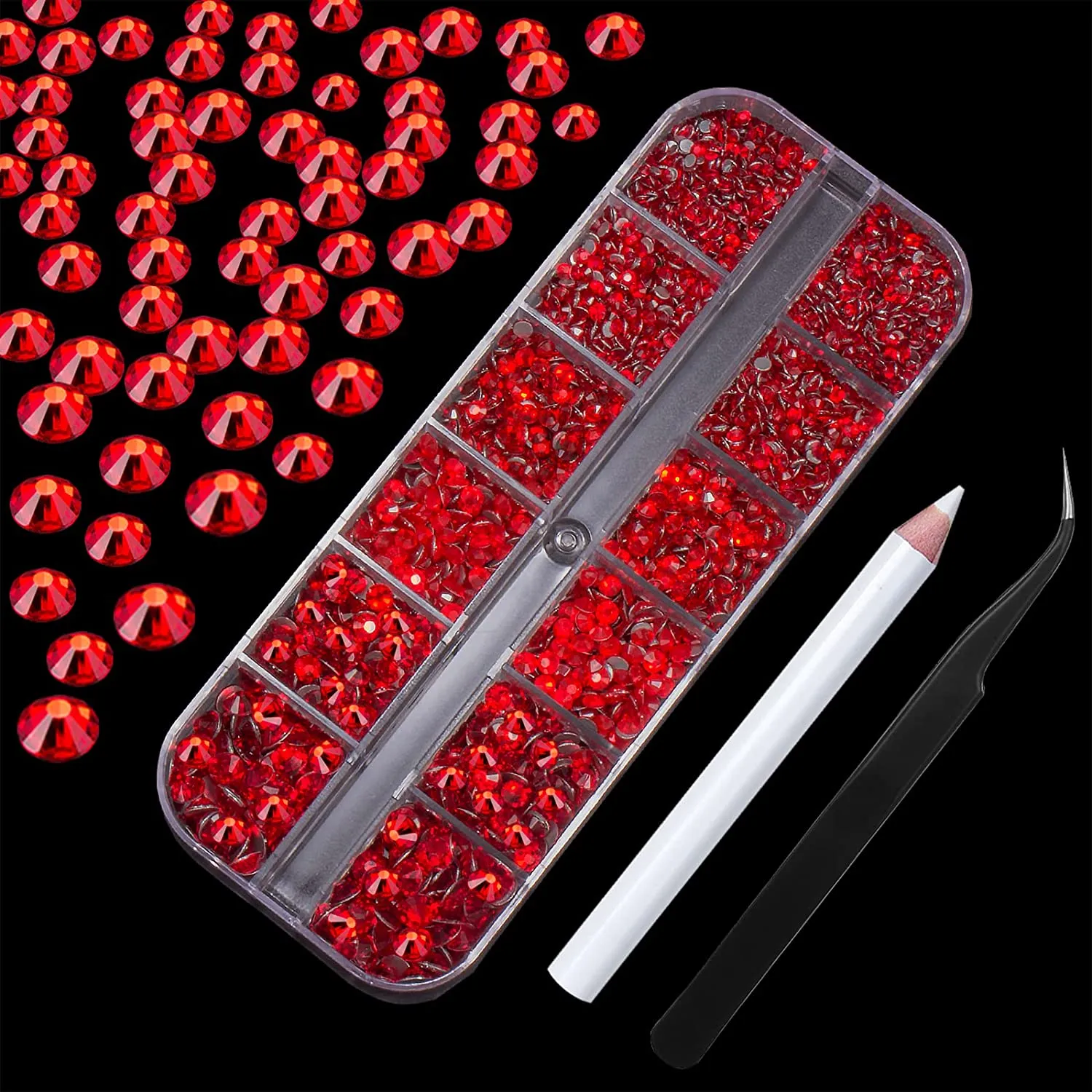 Nail Art Rhinestones Kit HUETFAT 2400pcs Nail Gems Ab Flatback Rhinestones Gems Stones, with Storage Organizer Box/Wax Pencil/Tweezers 6 Sizes (1.5-4.5 mm) for Nail Art Craft (2400pcs)