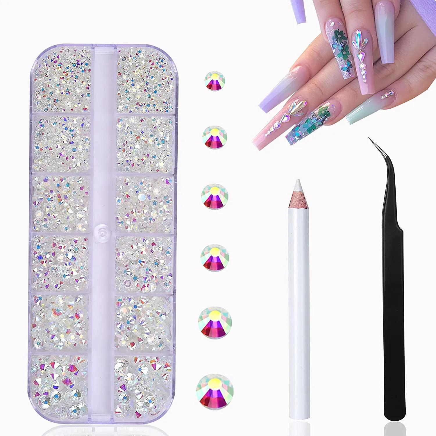 Nail Art Rhinestones Kit HUETFAT 2400pcs Nail Gems Ab Flatback Rhinestones Gems Stones, with Storage Organizer Box/Wax Pencil/Tweezers 6 Sizes (1.5-4.5 mm) for Nail Art Craft (2400pcs)