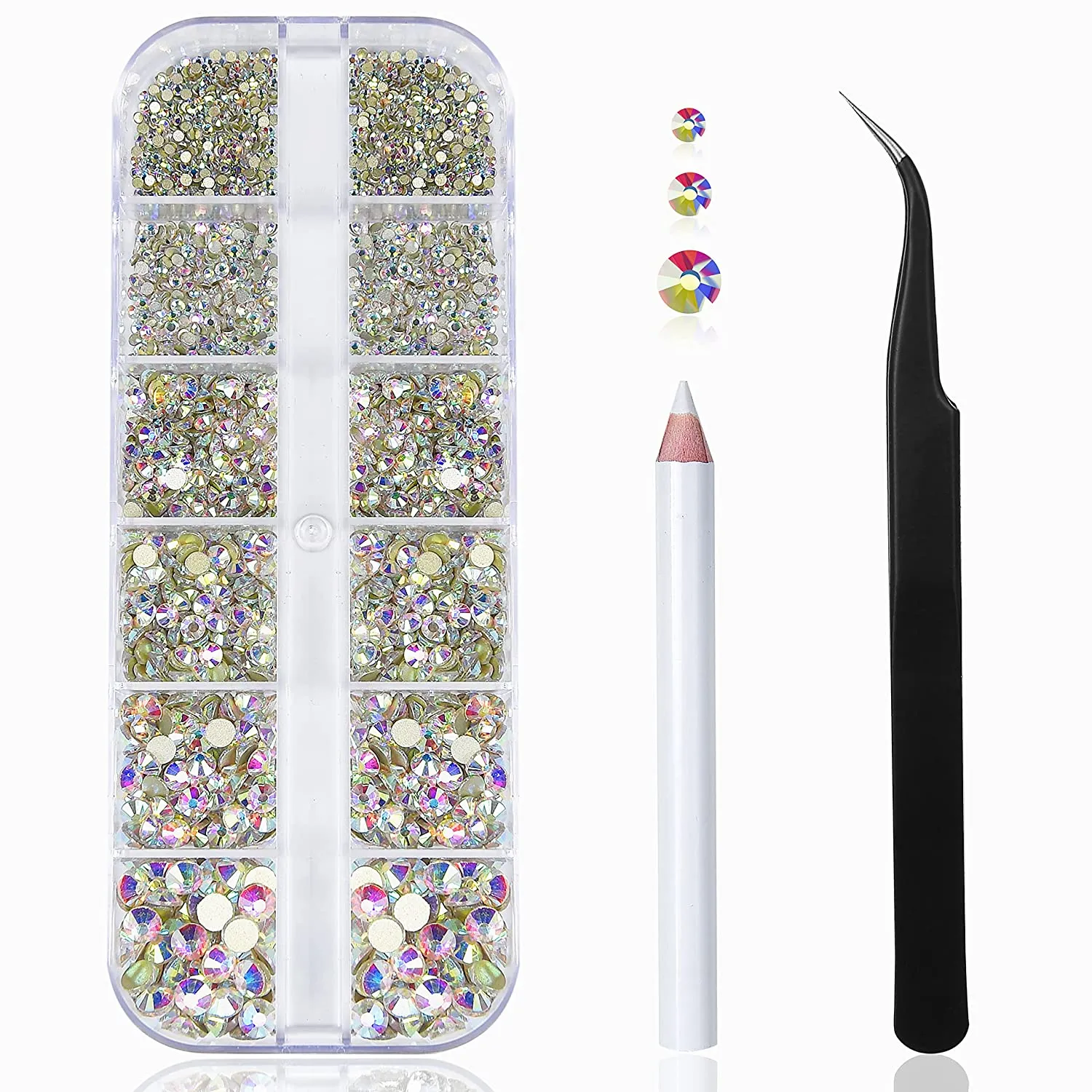 Nail Art Rhinestones Kit HUETFAT 2400pcs Nail Gems Ab Flatback Rhinestones Gems Stones, with Storage Organizer Box/Wax Pencil/Tweezers 6 Sizes (1.5-4.5 mm) for Nail Art Craft (2400pcs)