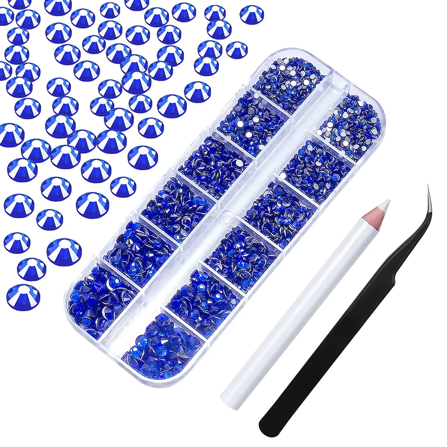Nail Art Rhinestones Kit HUETFAT 2400pcs Nail Gems Ab Flatback Rhinestones Gems Stones, with Storage Organizer Box/Wax Pencil/Tweezers 6 Sizes (1.5-4.5 mm) for Nail Art Craft (2400pcs)