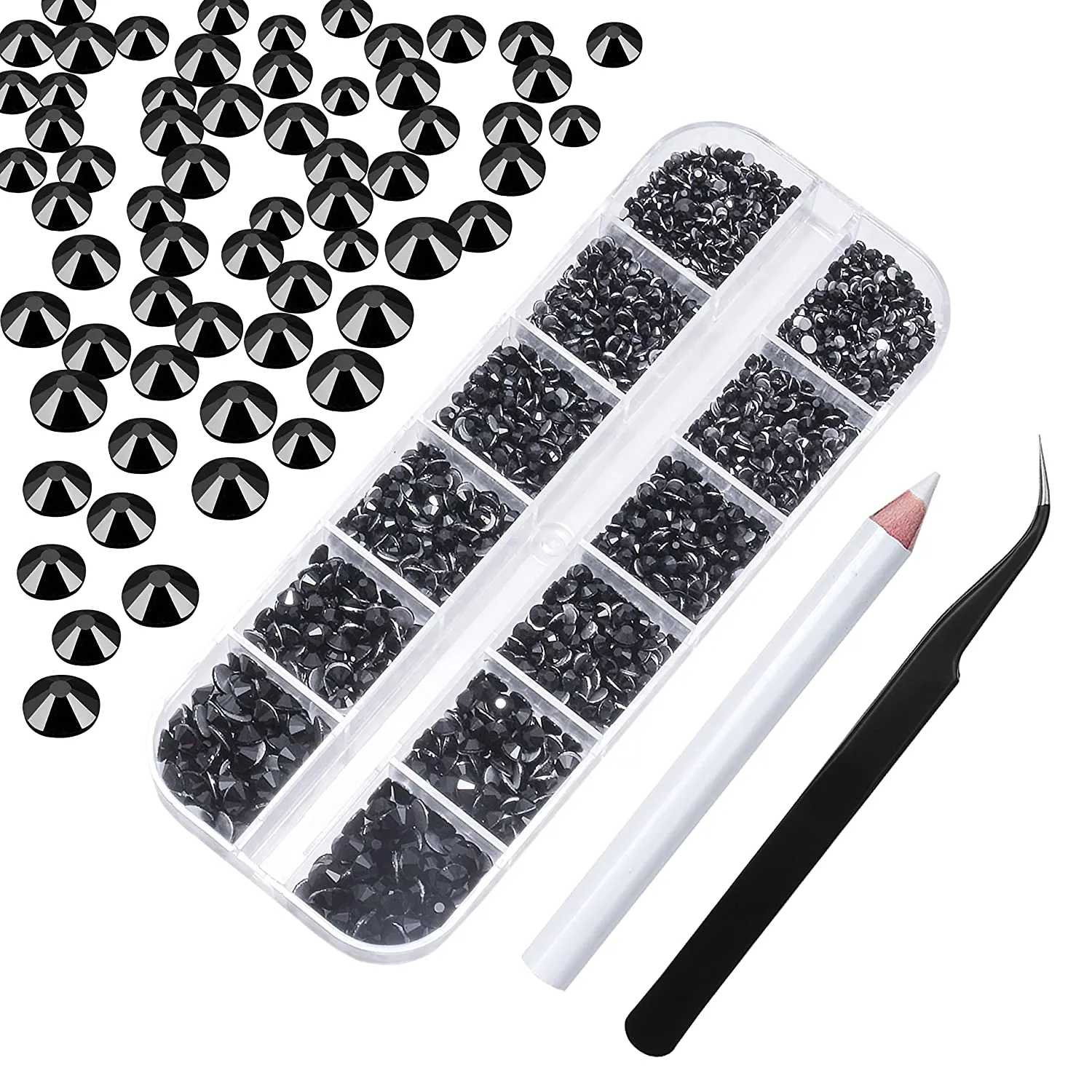Nail Art Rhinestones Kit HUETFAT 2400pcs Nail Gems Ab Flatback Rhinestones Gems Stones, with Storage Organizer Box/Wax Pencil/Tweezers 6 Sizes (1.5-4.5 mm) for Nail Art Craft (2400pcs)