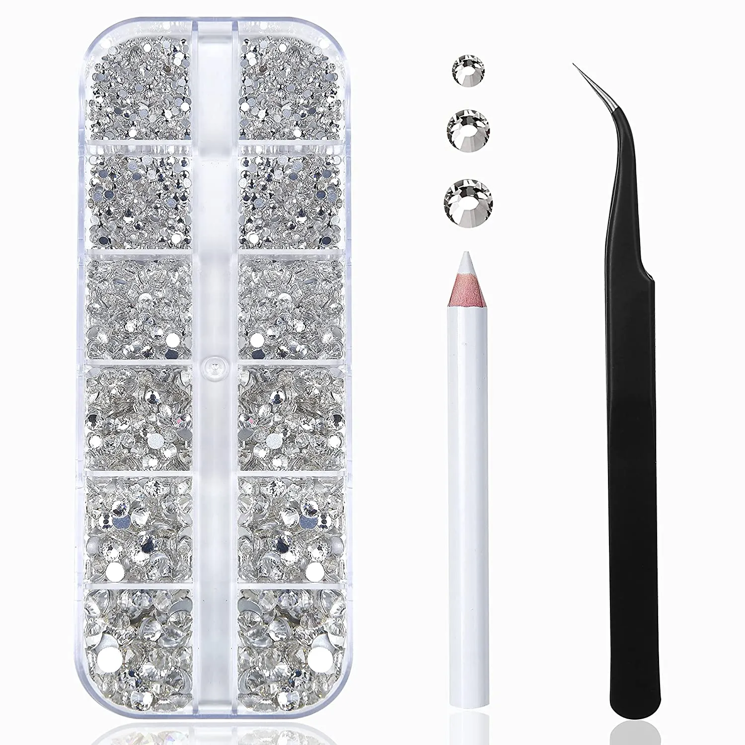 Nail Art Rhinestones Kit HUETFAT 2400pcs Nail Gems Ab Flatback Rhinestones Gems Stones, with Storage Organizer Box/Wax Pencil/Tweezers 6 Sizes (1.5-4.5 mm) for Nail Art Craft (2400pcs)