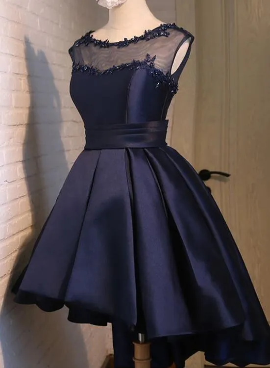 Navy Blue High Low Homecoming Dresses, Lovely Teen Formal Dress, Evening Party Dress Short