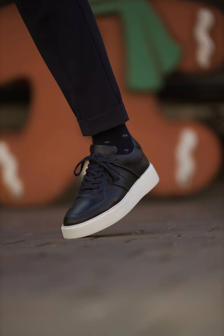 Navy Blue Men's Leather Sneakers