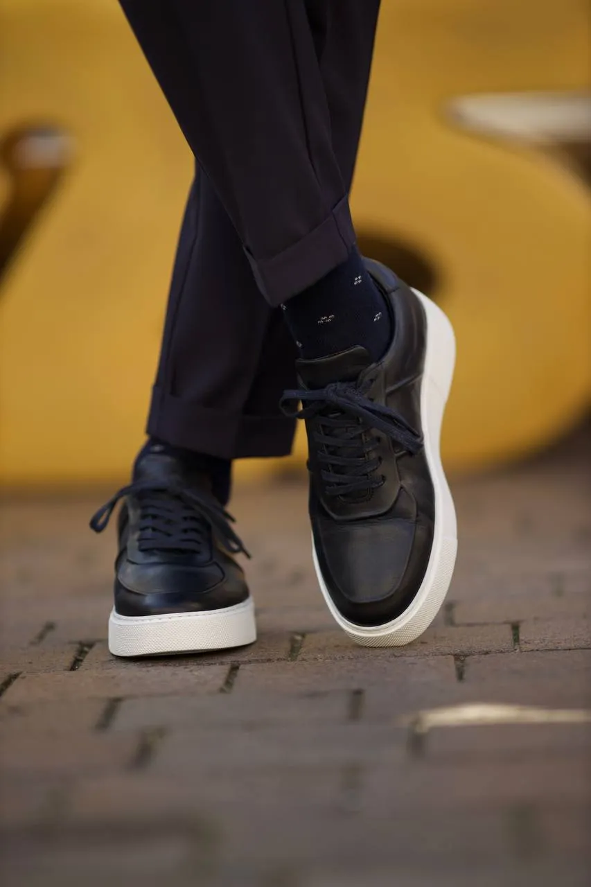 Navy Blue Men's Leather Sneakers