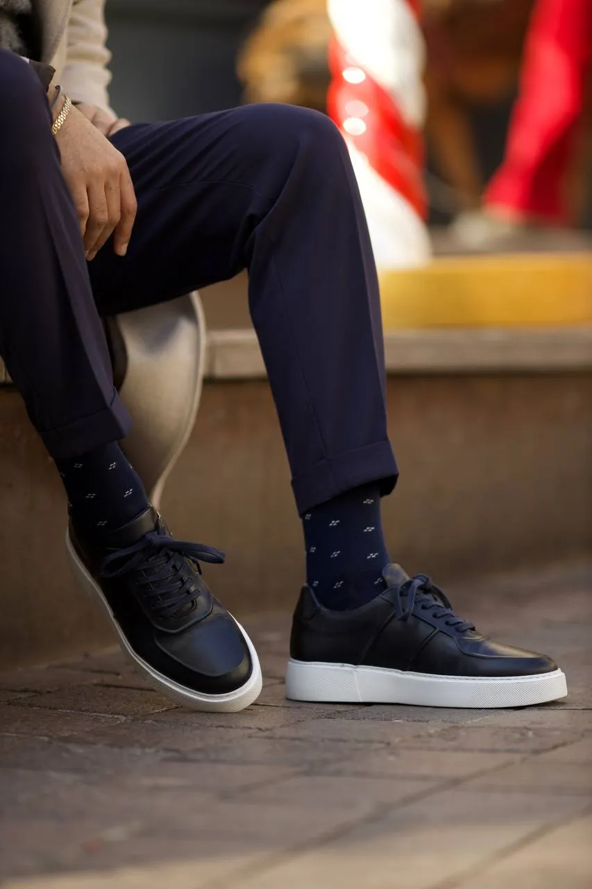 Navy Blue Men's Leather Sneakers