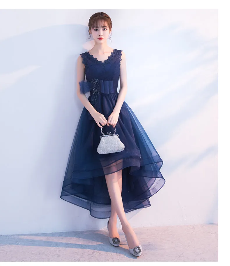 Navy Blue V-neckline High Low Tulle Party Dress, Blue Homecoming Dress