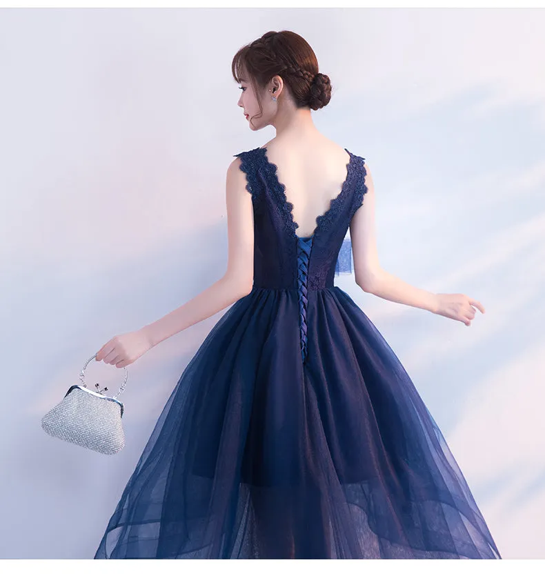 Navy Blue V-neckline High Low Tulle Party Dress, Blue Homecoming Dress