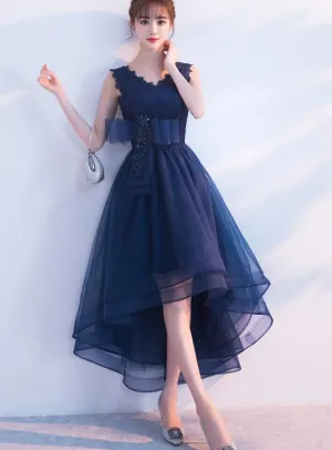 Navy Blue V-neckline High Low Tulle Party Dress, Blue Homecoming Dress