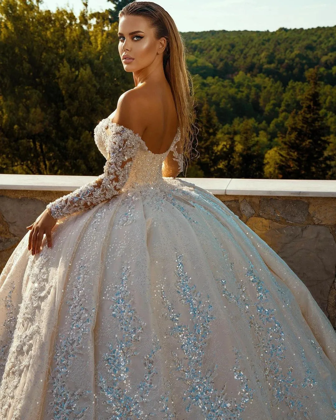 Off The Shoulder V-Neck Long Sleeve All Over Shiny Beaded Sequins