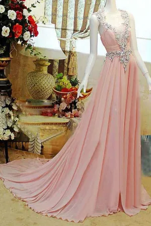 Pink High Low Backless Beading Long Chiffon Prom Dresses K89