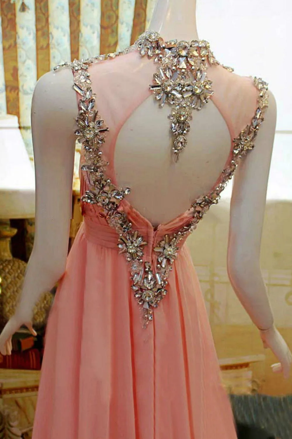 Pink High Low Backless Beading Long Chiffon Prom Dresses K89