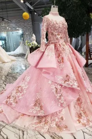 Pink Prom Dresses Long Sleeves Ball Gown High Neck Quinceanera Dresses TP0859