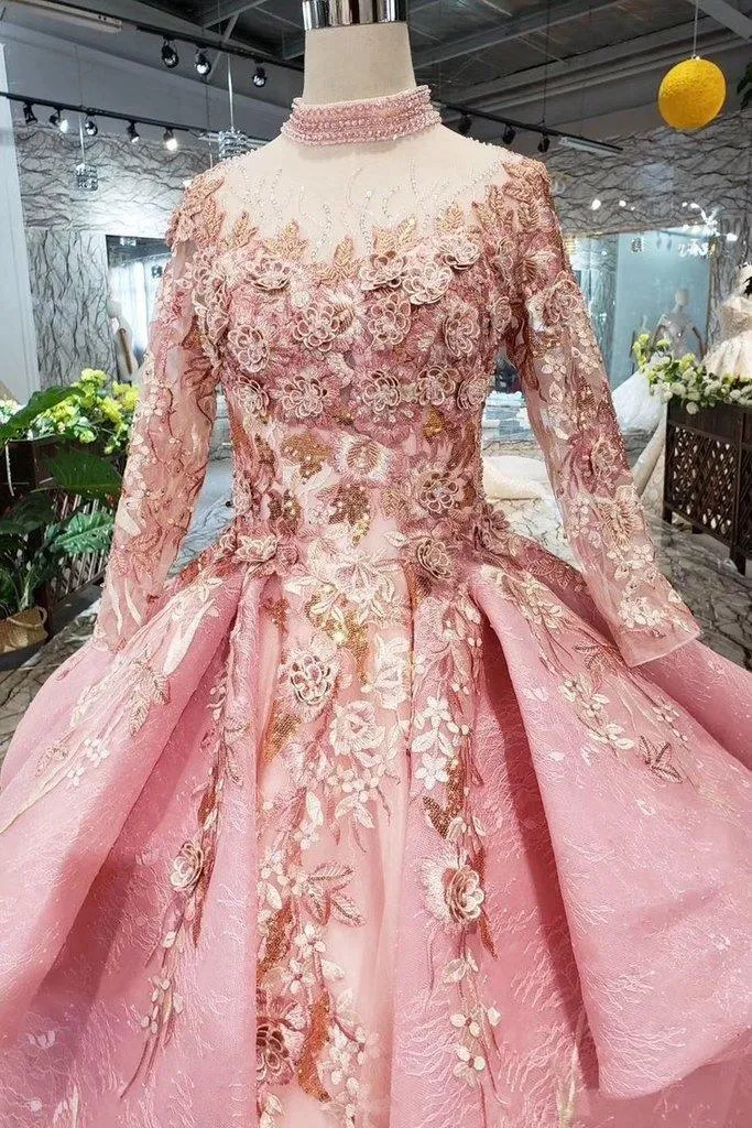 Pink Prom Dresses Long Sleeves Ball Gown High Neck Quinceanera Dresses TP0859
