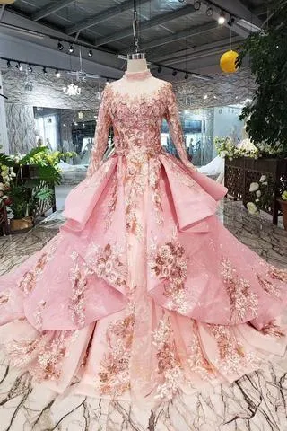 Pink Prom Dresses Long Sleeves Ball Gown High Neck Quinceanera Dresses TP0859