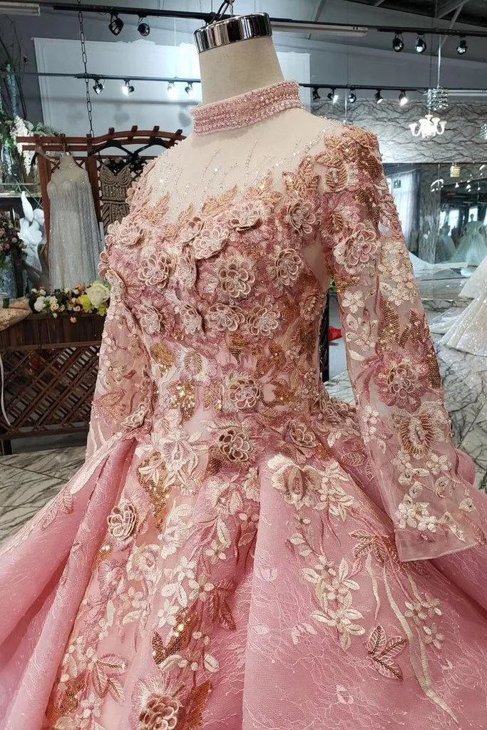 Pink Prom Dresses Long Sleeves Ball Gown High Neck Quinceanera Dresses TP0859