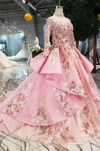 Pink Prom Dresses Long Sleeves Ball Gown High Neck Quinceanera Dresses TP0859