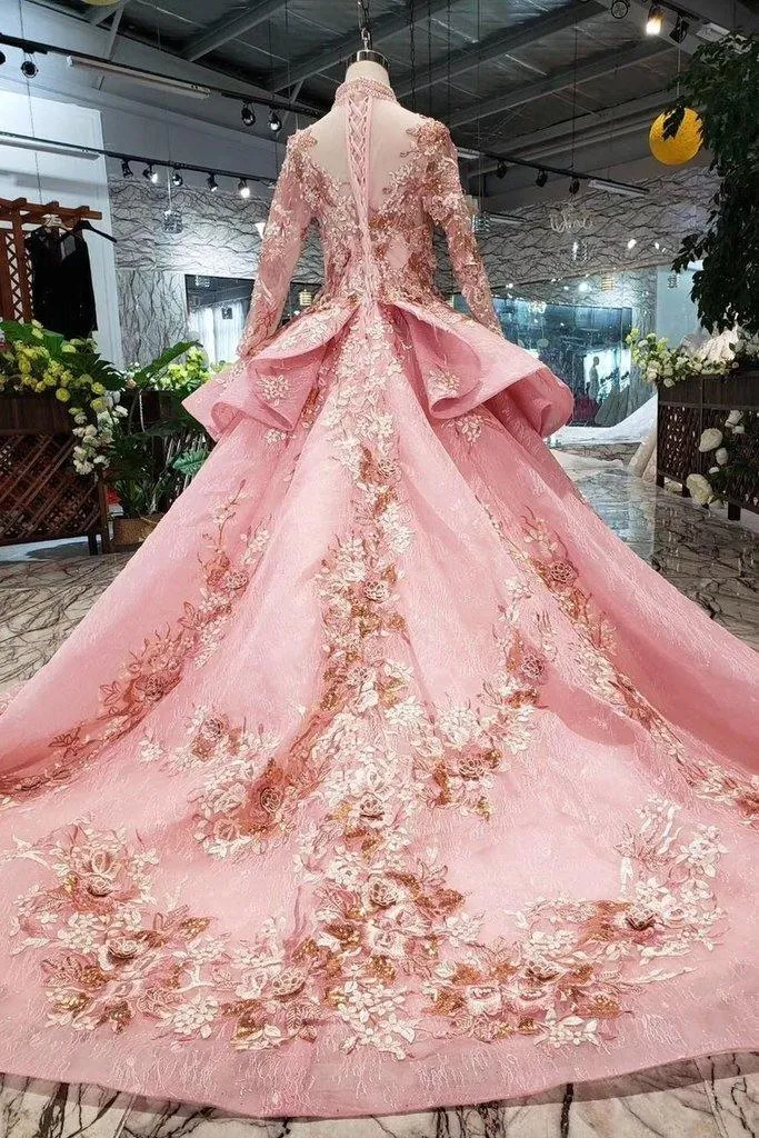 Pink Prom Dresses Long Sleeves Ball Gown High Neck Quinceanera Dresses TP0859