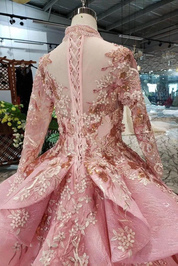 Pink Prom Dresses Long Sleeves Ball Gown High Neck Quinceanera Dresses TP0859
